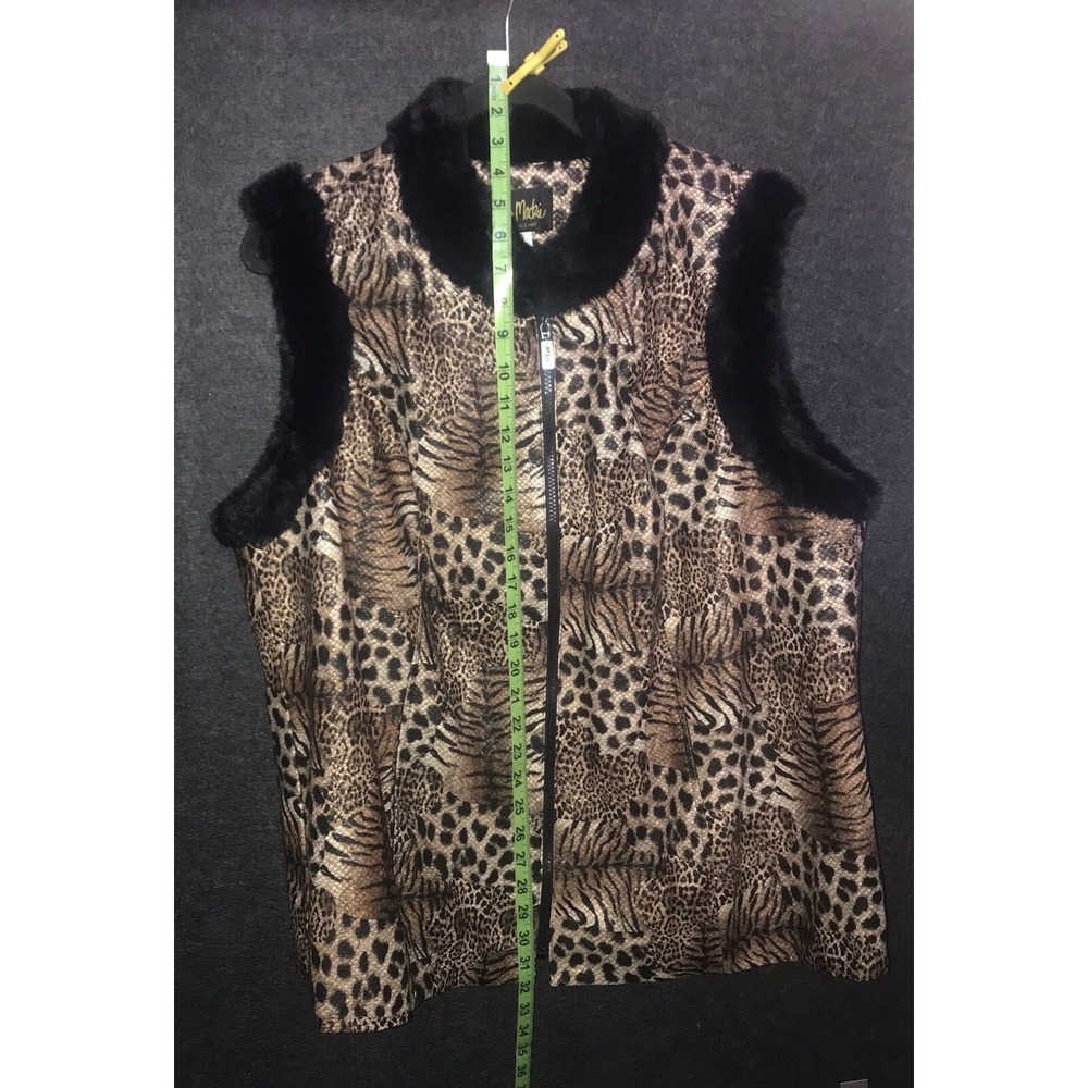 Bob Mackie Vest Zip Wearable Art Brown Safari Animal Print Black Faux Fur Trim - Picture 10 of 11